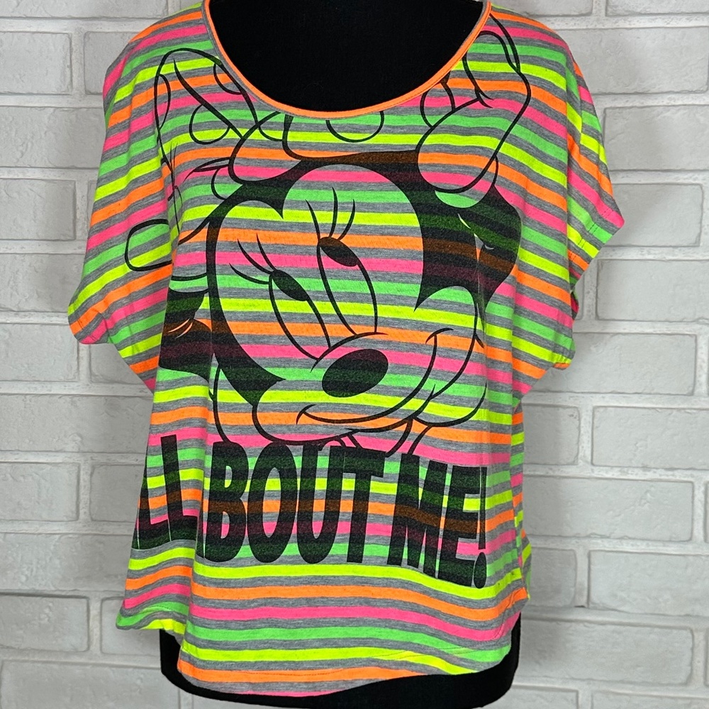 Disney Colourful Minnie Mouse "All About Me" Neon striped women's tshirt size XL